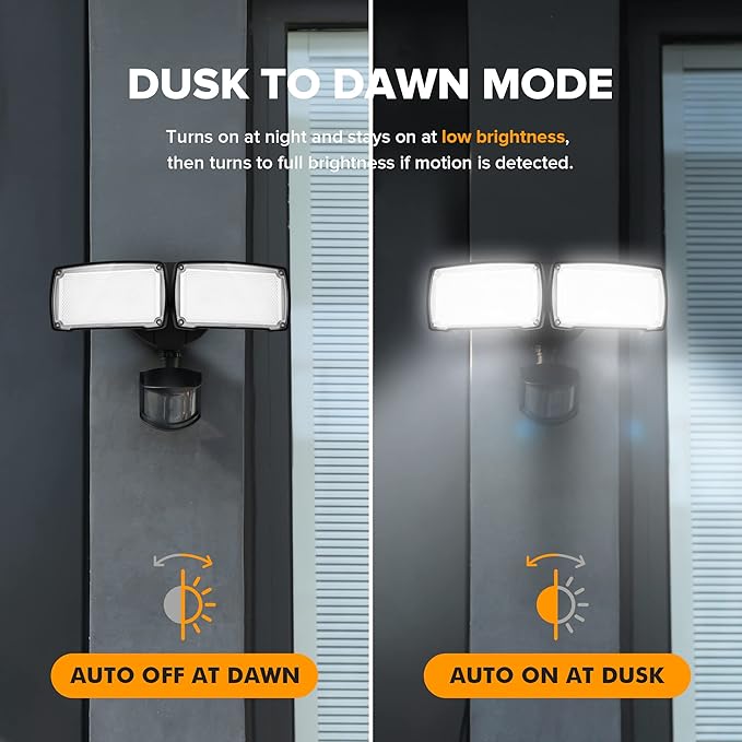 LUTEC 38W 3500 Lumen LED Motion Activated Integrated Dual-Head Floodlight Outdoor with Motion Sensor, 5000K Daylight, Dusk to Dawn, Exterior Security Wall Light for Patio, Garden, Yard(Black)