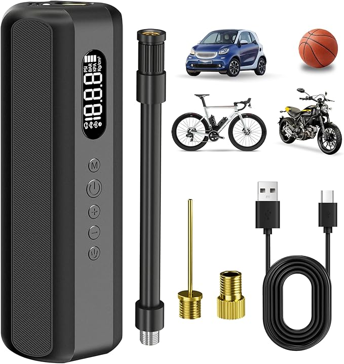 Tire Inflator Portable Air Compressor 150PSI Air Pump with Gauge Portable Electric Bike Pump for Road Bike, Mountain Bike,Motorcycle with LED Light, Presta Valve Accessories, Storage Bag
