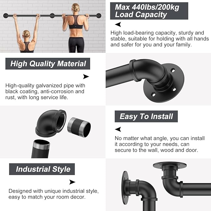 Willstar 1FT Industrial Staircase Handrail Non-Slip Pipe Bar Foot Rail Wall Mount Stair Rail Vintage Grab Bar for Steps Black Iron Pipe Handrail for Outdoor Indoor Stairs Loft Porch Hand Rail (1ft)