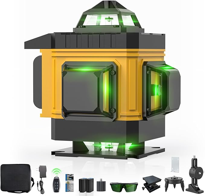 AZZUNO Laser Level 360 Self Leveling Green Beam with LCD Screen, 4x360 lazer leveler tool, Rechargeable Battery & Magnetic Base - Ideal for Construction, Tiling,yellow