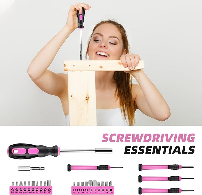 40-Piece Home Tool Kit with Easy Carrying Box, Small Basic Hand Tool Set Perfect for DIY Building, Home Maintenance and Woodworking, Great for College Students - PINK