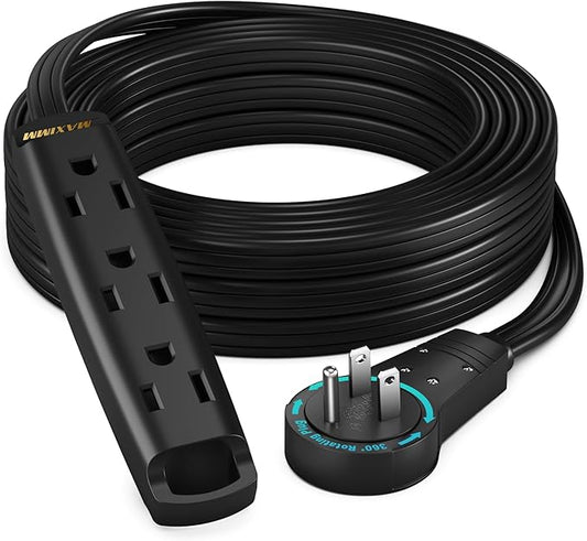 Maximm 360 Degree Rotating Flat Extension Cord 15 Ft Multi 3 Outlet Power Cord with Loop, Grounded 16 AWG UL Certified, Black