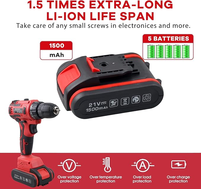 jar-owl Cordless Drill Set, 21V Brushless Drill Driver Kit, 1x 1.5Ah Li-ion Batteries, 319 In-lbs Torque, 3/8”Keyless Chuck, 2-Variable Speed, 25+1 Clutchfor for Home Tool Kit