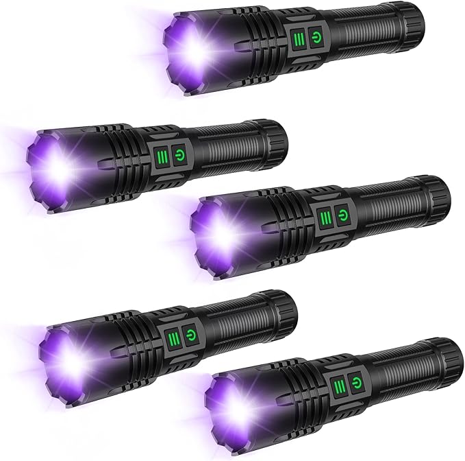AdamStar UV&High Lumens Flashlight Rechargeable, 2-in-1 Powerful Blacklight LED Flashlight Tactical 6 Modes Super Bright Waterproof Zoomable Detector for Pet Urine Curing Resin Camping Emergencies