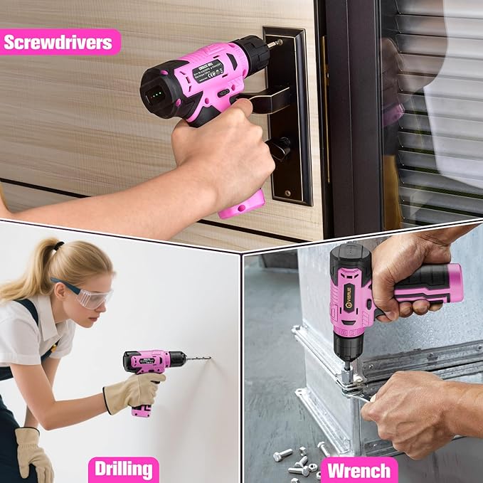 VIGRUE Tool Set with 8V Cordless Drill, Tool Kit with Drill, ToolBox for Men & Women, Home Hand Drill Set for Handyman, DIY (pink) 278 PCS