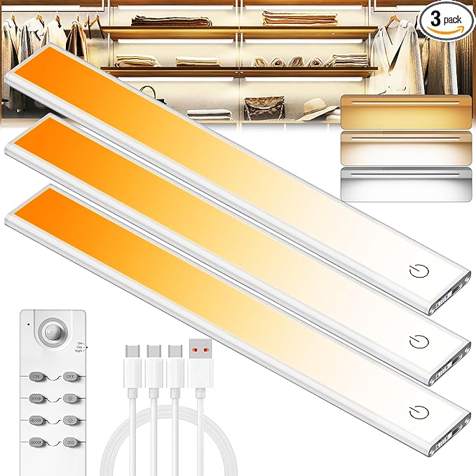 66 LED Under Cabinet Lights Wireless with Full Lighting,Rechargeable Closet Lights with Remote and Motion Sensor Indoor,Under Counter Light with CCT and Dimmable for Kitchen,Stair(3 Pack,7.87inch)
