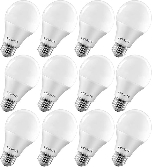LUXRITE A19 LED Light Bulb 60W Equivalent, 3000K Soft White Dimmable, 800 Lumens, Standard LED Bulb 9W, E26 Base, Energy Star, Enclosed Fixture Rated, Perfect for Lamps and Home Lighting (12 Pack)