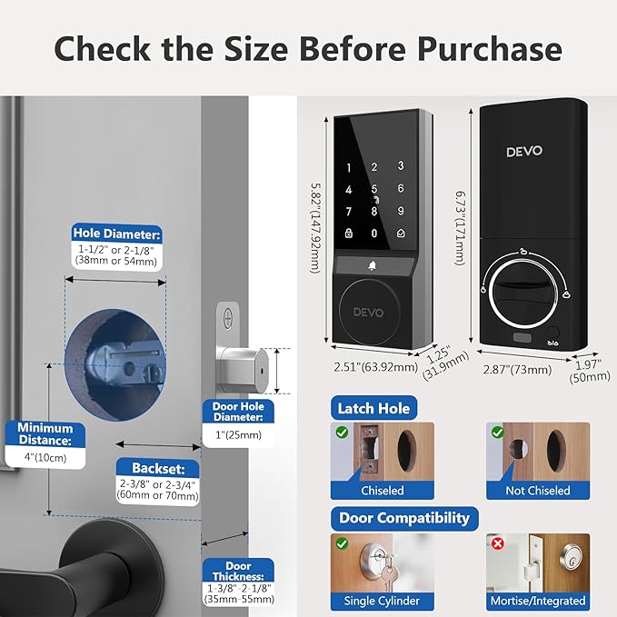 Devo G5 Smart Lock, Front Door Keyless Entry Door Lock, Bulit-in WiFi Door Lock, App Remote Control, Digital Smart Deadbolt, Electronic Touchscreen Keypad, Auto Locks, Easy Installation(Silver)