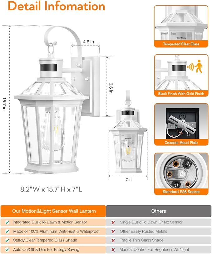 VIANIS Outdoor Wall Lantern with Motion Sensor, Dusk to Dawn Exterior Light Fixtures Wall Mount, Modern White Outside Front Porch Light, Anti-Rust 100 Percent Aluminum Outdoor Wall Sconce for Garage