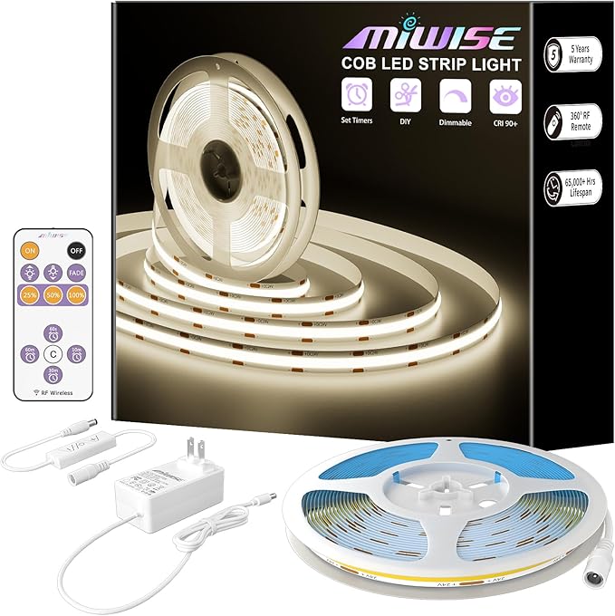 MIWISE COB LED Strip,4000K Natural White 20ft/6.1m,Dimmable Super Bright 24V LED Strip Light,CRI 90+ Flexible Tape Light with RF Remote Timer Function,for Home/Cabinet/Bedroom/TV DIY Lighting Project