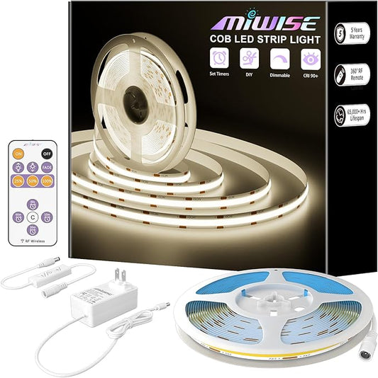 MIWISE COB LED Strip,4000K Natural White 20ft/6.1m,Dimmable Super Bright 24V LED Strip Light,CRI 90+ Flexible Tape Light with RF Remote Timer Function,for Home/Cabinet/Bedroom/TV DIY Lighting Project