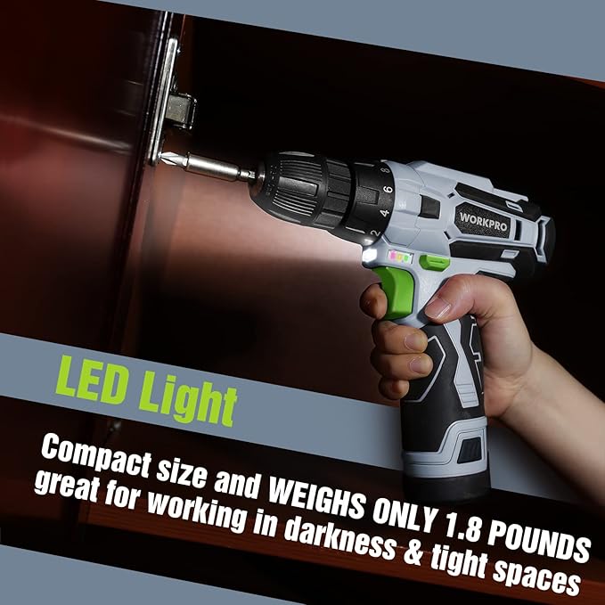 WORKPRO 12V Cordless Drill Driver and Home Tool Kit, Hand Tool Set for DIY, Home Maintenance, 14-inch Storage Bag Included