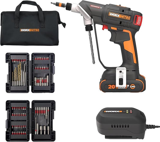 WORX Nitro 20V SwitchDriver 2.0 with 85 pc Accessory Kit, 2-in-1 Brushless Cordless Drill Driver, Drill Set Rotatable Dual 1/4" Chucks, WX177L.2 – (Battery & Charger Included)