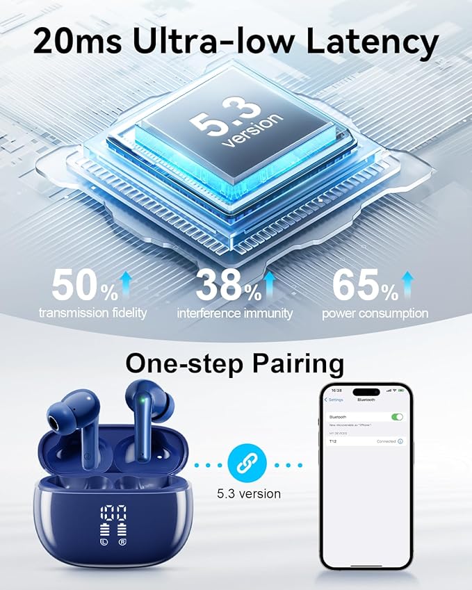 Wireless Earbuds, Bluetooth Ear Buds Headphones with LED Charging Case, Deep Bass Stereo Sound, 40 Hours Playtime, IP7, Lightweight in-Ear Earphones for iPhone Android Sports Workout