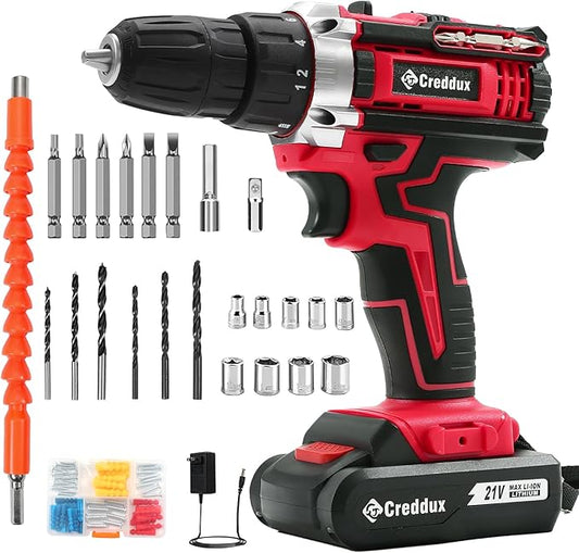 Cordless Drill Set 21v Power Drill Cordless With Battery & Charger, 84pcs Accessories Electric Drills Variable Speed, 3/8" Keyless Chuck, Built-In Level and 2 Driver Red kit