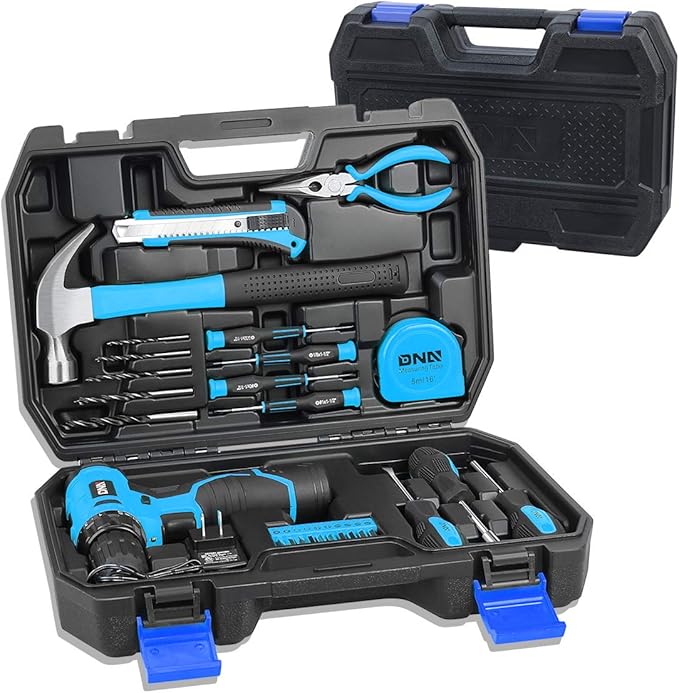 DNA MOTORING 27pcs 12V 1300mAh Cordless Drill Set, Drill Driver Home Tool Kits Combination Tool Set, Tool Kit with Drill For Home, DIY, Maintenance, Blue, TOOLS-00017