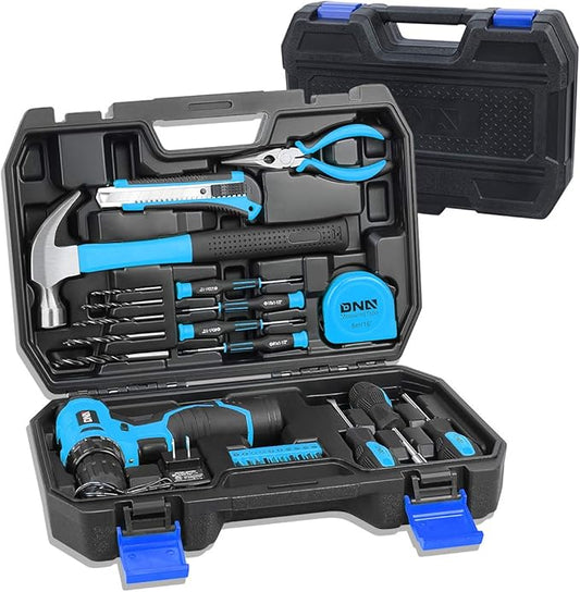 DNA MOTORING 27pcs 12V 1300mAh Cordless Drill Set, Drill Driver Home Tool Kits Combination Tool Set, Tool Kit with Drill For Home, DIY, Maintenance, Blue, TOOLS-00017