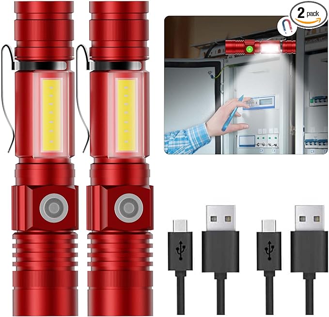 Hoxida Flashlight USB Rechargeable, Magnetic LED Flashlight, Super Bright LED Tactical Flashlight with Cob Sidelight, Waterproof, Zoomable Best Small LED Flashlight for Camping, Emergency -Red