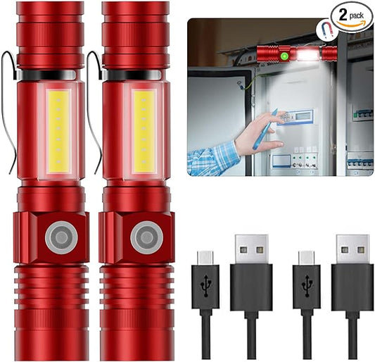 Hoxida Flashlight USB Rechargeable, Magnetic LED Flashlight, Super Bright LED Tactical Flashlight with Cob Sidelight, Waterproof, Zoomable Best Small LED Flashlight for Camping, Emergency -Red