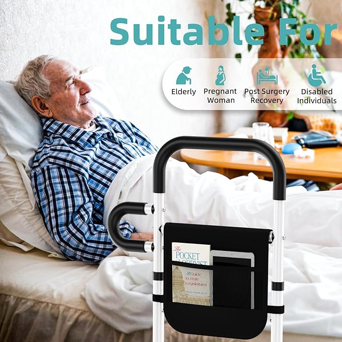 Bed Rails for Elderly Adults Safety - Adjustable Bed Assist Rails for Full Size Bed, Portable Bed Cane for Seniors With Storage Pocket, Hold Up to 300 Lbs, Easy Setup, Bedside Safety and Stability