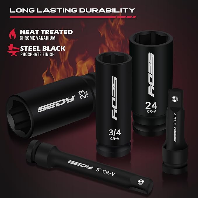 29-Piece 1/2" Drive Impact Socket Set, SAE (3/8 to 1 inch) and Metric (10-24mm) Sizes with Extension Bars Standard Deep Socket Set CR-V Material High Durability Impact Wrench