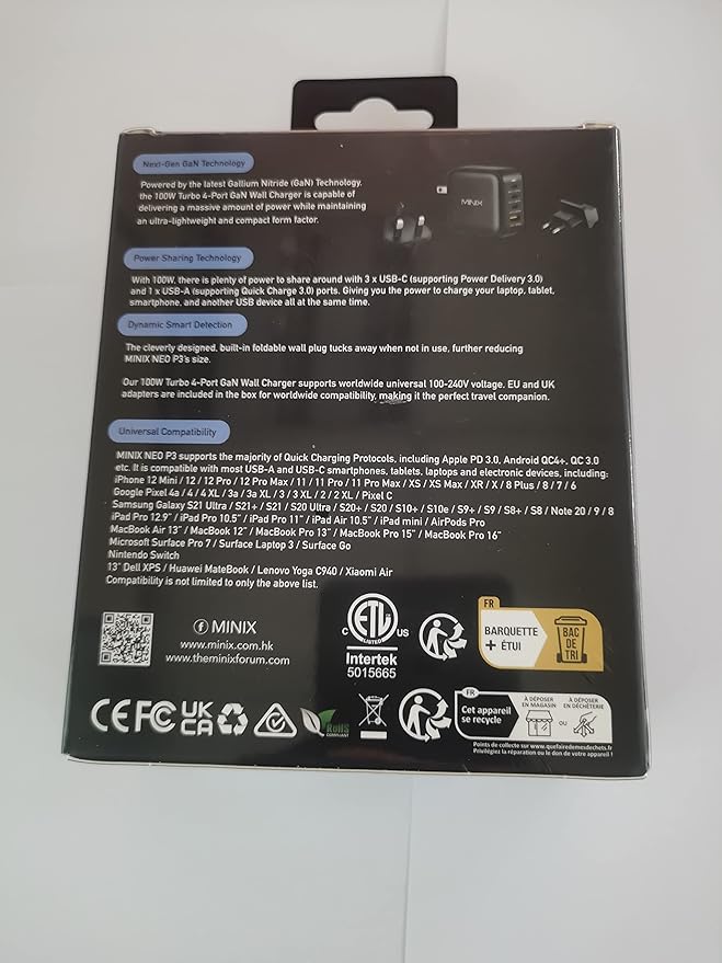 MINIX NEO P3 100W Turbo 4-Ports GaN Wall Charger, 3 x USB-C Port Fast Charging Adapter(Max 100W/20W), 1 USB-A (Max 18W). Compatible with MacBook Pro Air, iPad Pro, iPhone 14,Galaxy S9 and More.