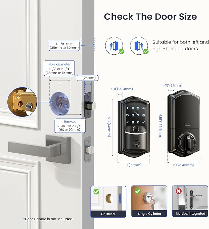 Veise VE027 Built-in Wi-Fi Smart Lock, Fingerprint Keyless Entry Front Door Lock, App Remote Control, No Hub Needed, Keypad Deadbolt with Long Battery Life, IP65 Waterproof, BHMA Grade 3, Matte Black