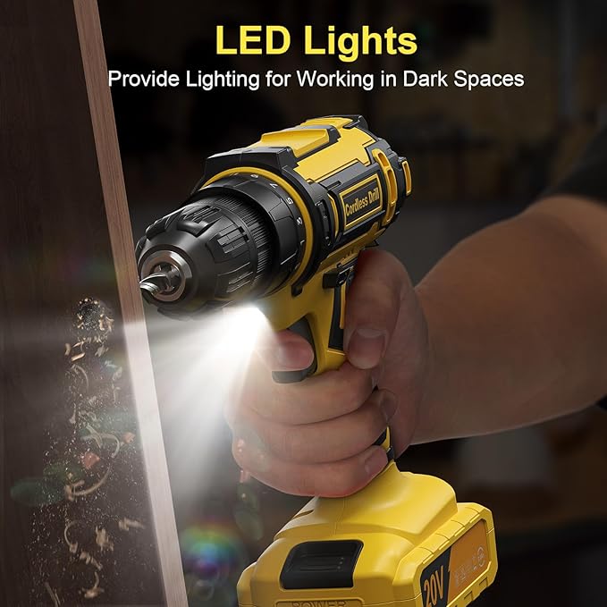 Cordless Drill, 20V Power Drill, Double 2000mAh Power Pack Electric Drills, Cordless Drills with Power Pack and Charger, 3/8" Keyless Chuck Screwdriver with 25+1 Max 370 In-lb Torque, 42Pcs Bits