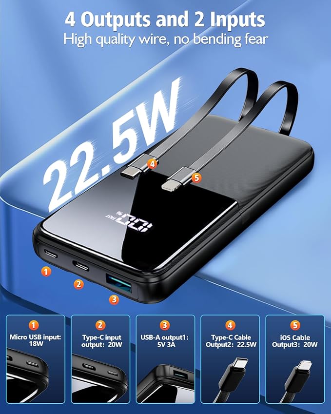Portable Charger Power Bank - 15000mAh Fast Charging Powerbank Travel Camping Essential Battery Pack with Built in 22.5W Output Cable Compatible with iPhone 17 16 15 14 13 Samsung Google iPad, 1 Pack