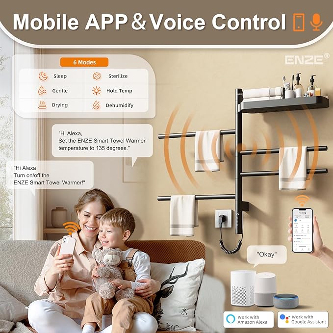 ENZE Smart Rotating Heated Towel Rack for Bathroom, Wall-Mounted Electric Towel Dryer with Swivel Bars & Shelf, Smart Timer, Low Carbon Steel, Plug-in/Hardwired, Towel Warmer with Wi-Fi App Control
