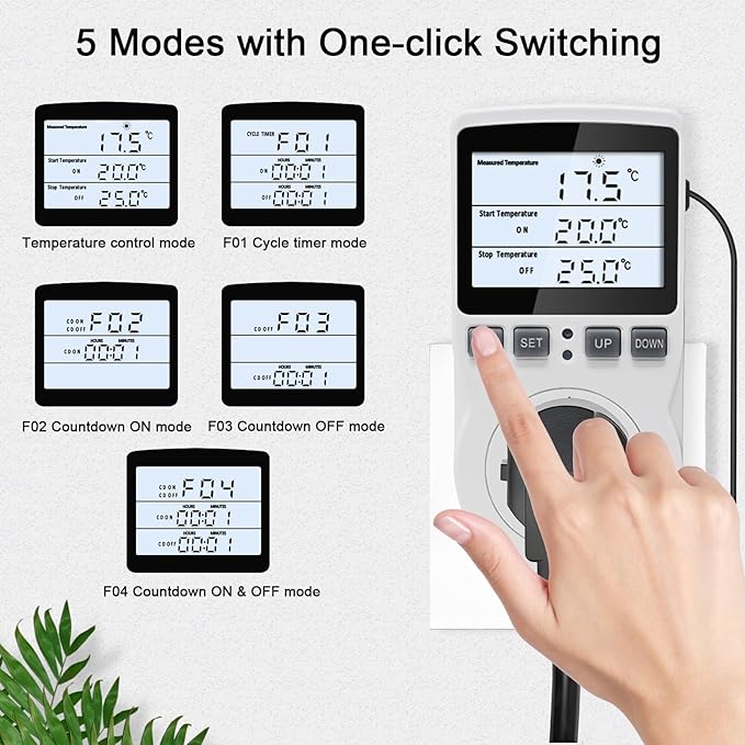 Digital Temperature Controller Thermostat Outlet Plug 120V with LCD Backlight, Heating Cooling Temperature Controlled Outlet 110V 15A with 3m Sensor