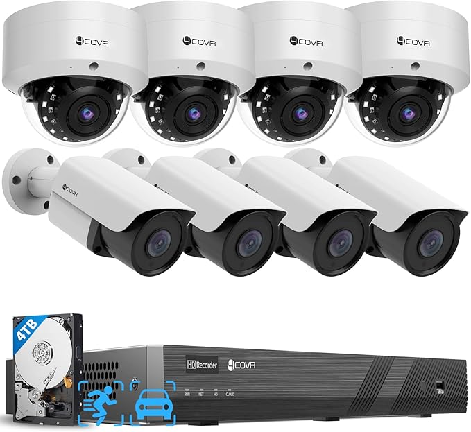 4COVR 16 Channel PoE Security Camera System for Business, Human Vehicle Detection, 4K NVR with 4TB HDD, 4 Dome IK10 Vandal-Proof 4 Bullet 5MP Wired IP Camera IP67 Outdoor, Remote Access, LYH54A5M1608