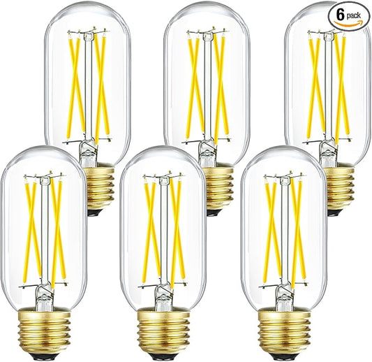 Leools T14 LED Bulb,6W E26 LED Bulb Dimmable Equivalent E26 Bulb 60 Watt,Neutral White 4000K E26 Edison Bulb,AC120V,650lm,CRI90,Clear Glass,Tubular Light Bulb,ETL Listed,Pack of 6