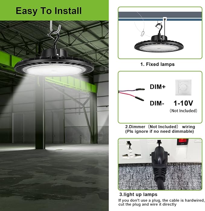 High Bay Led Shop Lights 200W 1-10V Dimmable UFO LED High Bay Light 200W 5000K with US Plug&Hook 30000LM ETL Listed - Ideal Shop Lights UFO Lights Led Warehouse