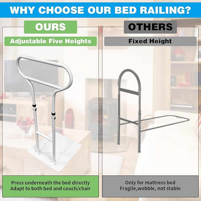 Bed Rails for Elderly Adults Safety, Adjustable Bed Cane for Elderly, Heavy Duty Stand Assist Railing for Seniors, for Couch, Chair, Full, Twin Bed (260LBS Loading, 5 Heights, White)