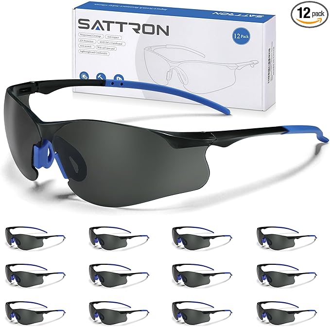 Safety Glasses Tinted 12 Pack, Protective Eyewear for Men Women UV Protection ANSI Z87.1, Safety Sunglasses Bulk Scratch Impact Resistant Eye Protection with Nose Pads for Construction Work Smoke