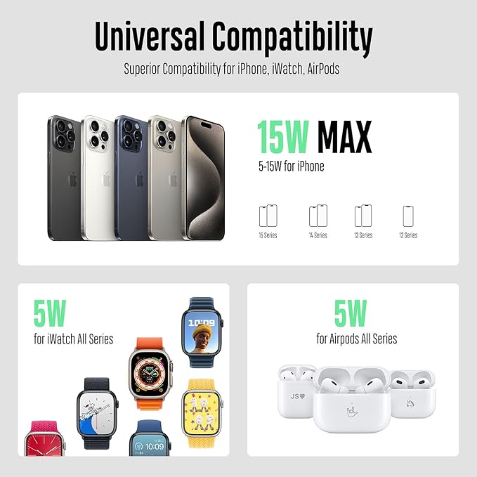 Fast Wireless Charger, Magnetic Foldable 3 in 1 Charging Station for iPhone 16/15/14/13/12/Pro/Plus/Pro Max, 5W Portable Charger for Apple Watch9/8/7/6/5/4/SE, for Airpods