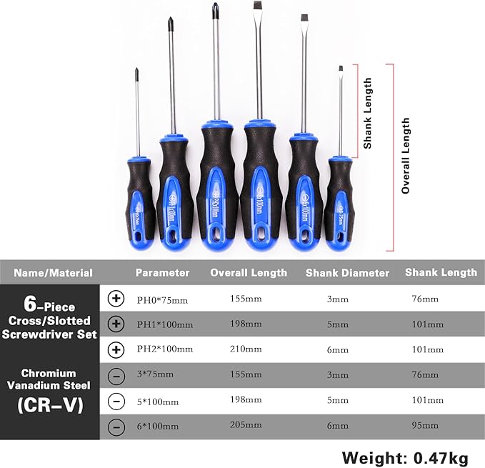 Navegando 6-Piece Magnetic Screwdriver Set with Cr-V Steel, Non-Slip Handle for Home Repair, Electronics, Woodworking – Phillips & Slotted Bits (PH2, PH1, PH0, 6mm, 5mm, 3mm).