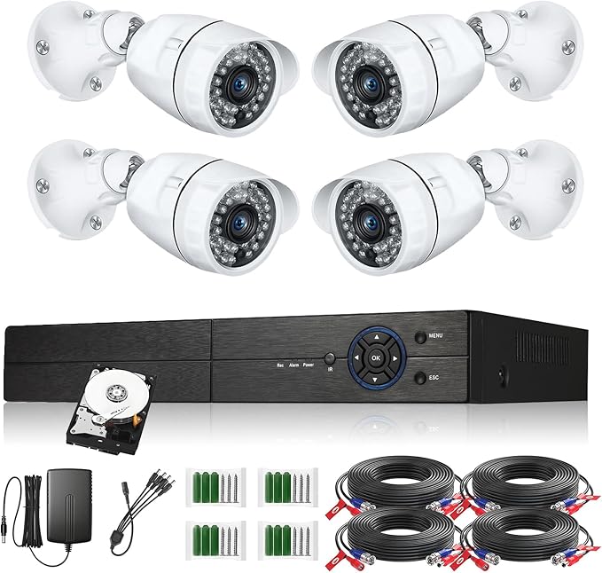 Eversecu 4 Channel Security Camera System 1080P DVR and 4pcs HD Weatherproof Cameras, Night Vision, Motion Alert, Smartphone, PC Easy Remote Access, 500GB HDD Preinstalled, Premade Cables Included