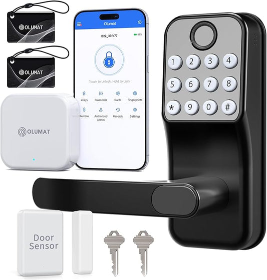 Smart Door Lock with Handle: Keyless Entry Door Lock with Gateway Door Sensor - Wi-Fi Keypad Smart Door Lock - Remote Control Lock for Front Door - Compatible with Alexa
