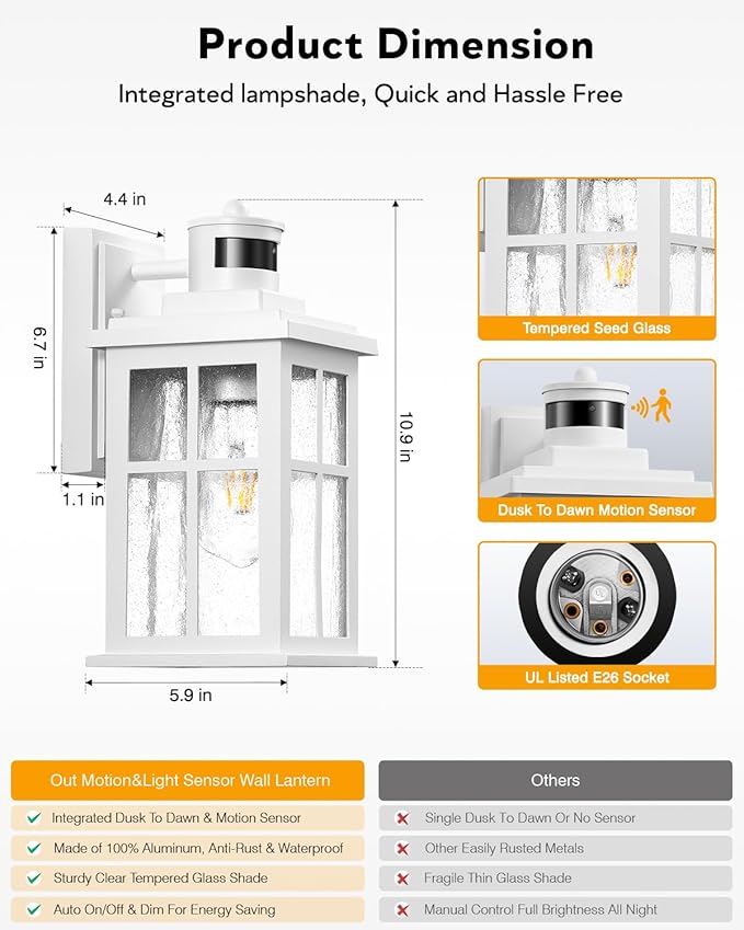 VIANIS Motion Sensor Porch Lights Outdoor, White Outside Wall Lights Dusk to Dawn, Outdoor Wall Sconce Lantern, 100% Aluminum Exterior Lighting Fixtures Wall Mount for House, Garden, Patio, Entryway