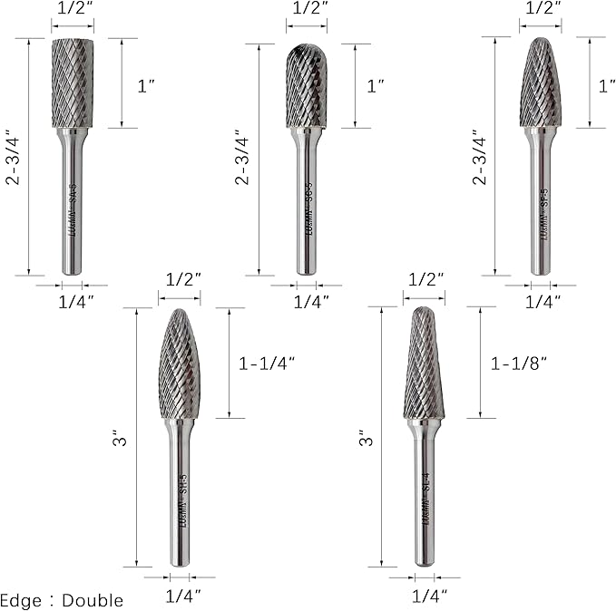 Carbide Burrs Set 5pcs, Double Cut Solid Carbide Rotary Burr Set 1/4" Shank for Die Grinder Drill,Metal Carving, Polishing,Engraving,Drilling by LU&MN