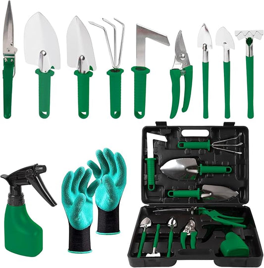 Gardening Tool Set, 11 Pieces Gardening Tools with Carrying Case, Garden Tool Kit for Digging Planting Pruning, Unique Gardening Set with Gloves for Women and Men (Green)