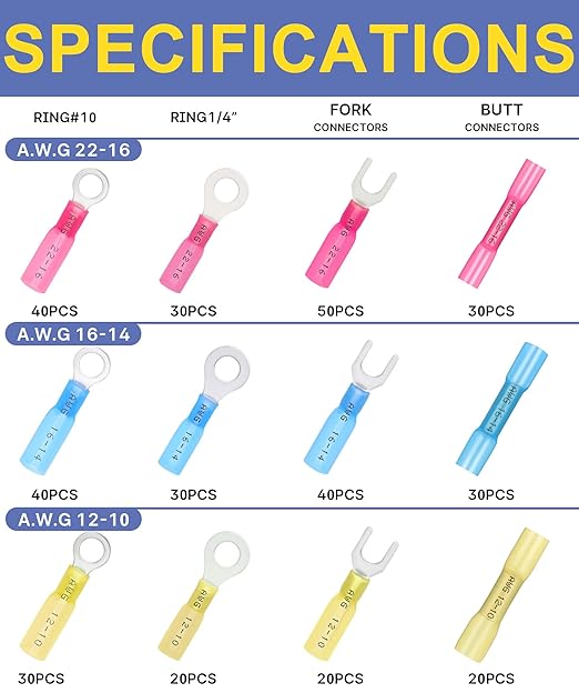 haisstronica 380PCS Marine Grade Heat Shrink Wire Connectors Set, 22-10 AWG Electrical Wire Connectors Kit,Ring Fork Butt Splice(3Color/12Size),with 9" Crimping Tools and Organizer