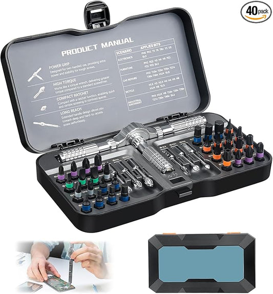 40 in 1 Magnetic Ratchet Screwdriver Set, DIY Screwdriver Ratchet Kit with Detachable Handle, S2 Steel Bits for Repairs on Furniture, Electronics, Bicycles, and DIY Projects
