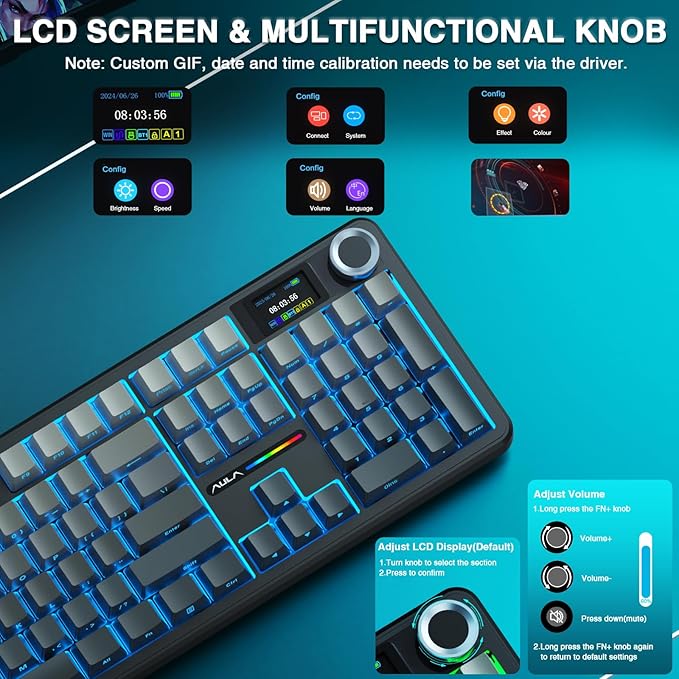 AULA F108 PRO - Wireless Mechanical Keyboard with Screen & Knob,Full Size Keyboard with 8000mAh Battery,Pre-lubed Switches,Side Printed PBT Keycaps,RGB Backlit Hot Swappable Custom Gaming Keyboards