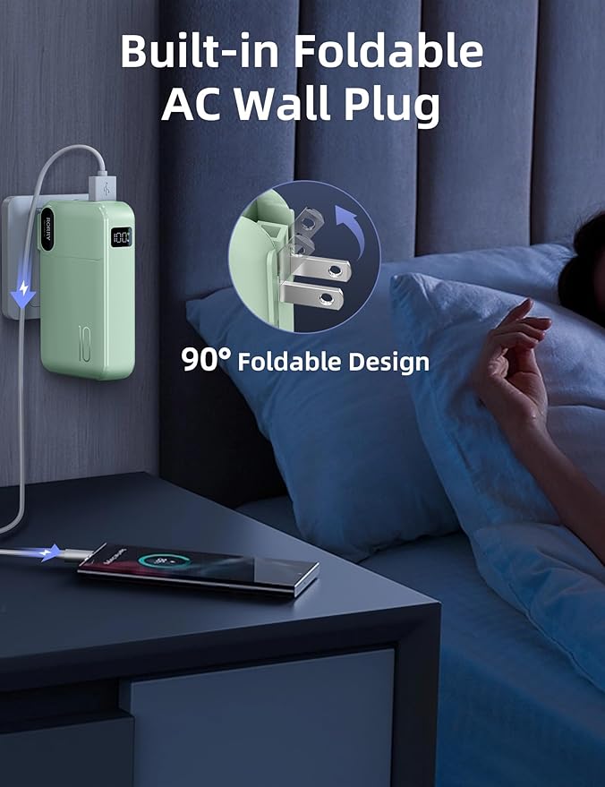 RORRY Portable Charger Built in Cables, AC Wall Plug In Portable Charger Power Bank 10000mAh Travel Battery Pack 22.5W Fast Charging for iPhone 16/15/14 Samsung Galaxy S24/S23/S22 Pixel LG iPad, Green