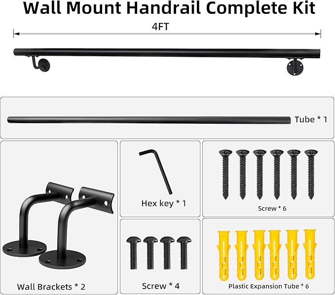 48 Inch Black Square Pipe Staircase Handrails - 4 FT Wall Mount Stairway Railing Indoor, Outdoor Stair Railing, Deck Rails, Banister Railing, Safety Grab Handle for Handicap
