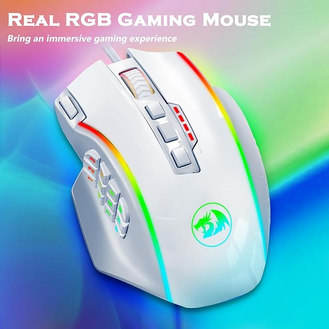 Redragon Gaming Mouse, MMO Gaming Mouse UP 12400 DPI, 19 Macro Programmable Buttons, RGB Mouse with 12 Side Buttons, 8 * 2.4g Weight Tuning for PC Laptop MOBA FPS, White