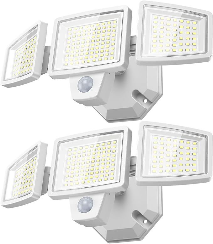 LED Security Lights Motion Sensor Outdoor Lights, 5000K Daylight, IP65 Waterproof, Dusk to Dawn, 3-Head Motion Detected Flood Light for Garage, Yard, Porch, White, 2 Pack